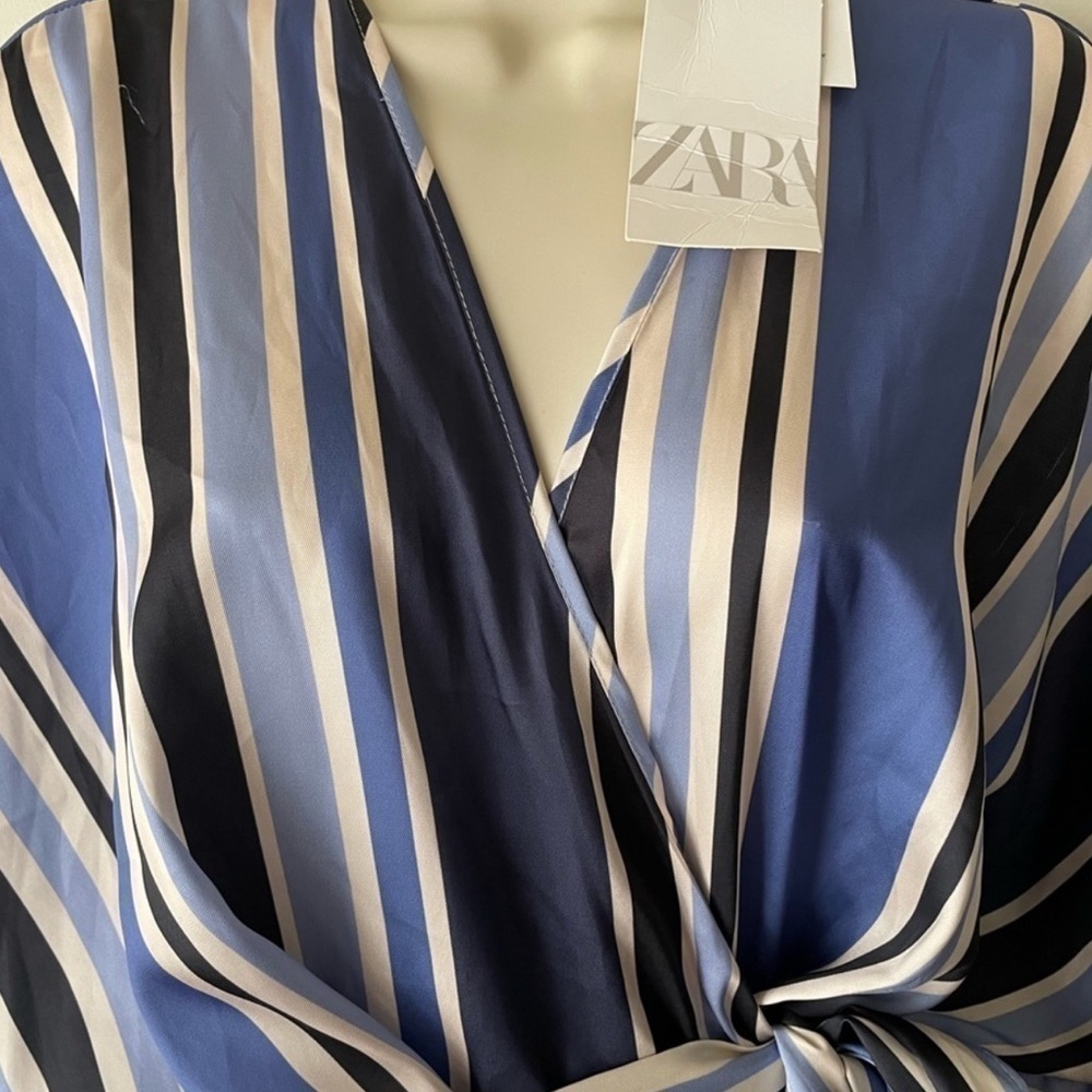 Zara Blue White Striped Wrap Lined Romper Size Small - Picture 8 of 16